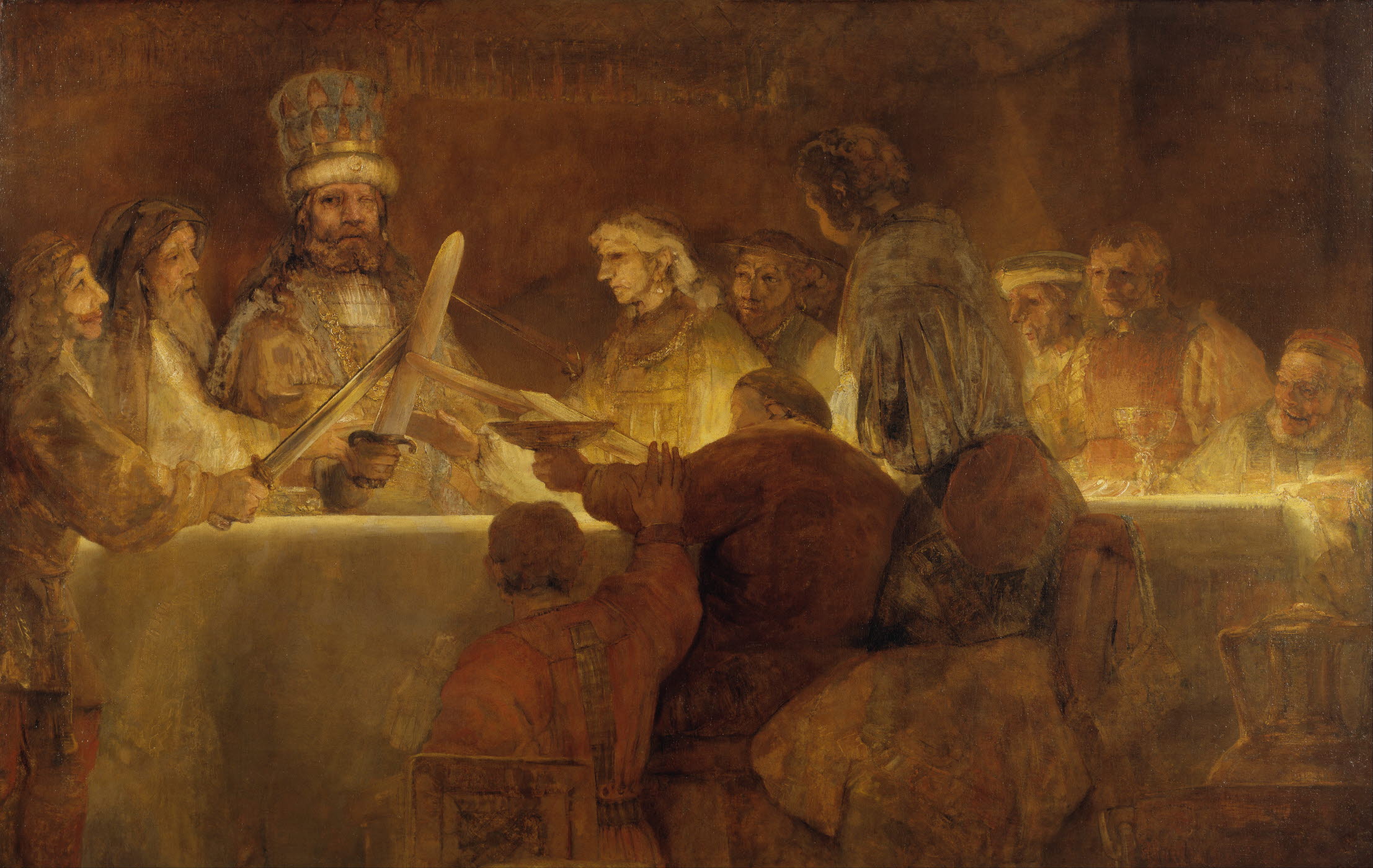 "Batavernas trohetsed till Claudius Civilis" (1661–1662) av Rembrandt Harmenszoon van Rijn (1606–1669) ägs av Konstakademien men har hängt på Nationalmuseum sedan 1864.