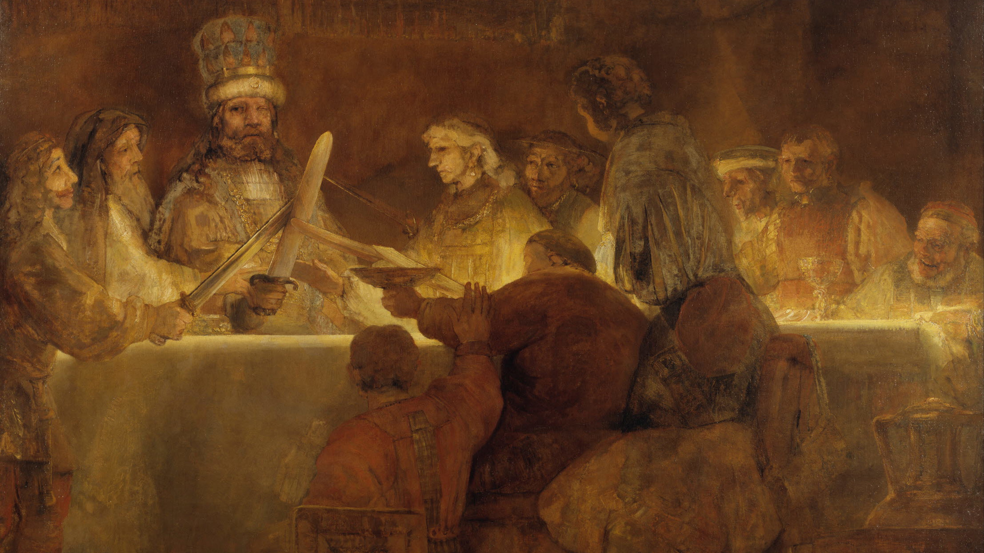 "Batavernas trohetsed till Claudius Civilis" (1661–1662) av Rembrandt Harmenszoon van Rijn (1606–1669) ägs av Konstakademien men har hängt på Nationalmuseum sedan 1864.