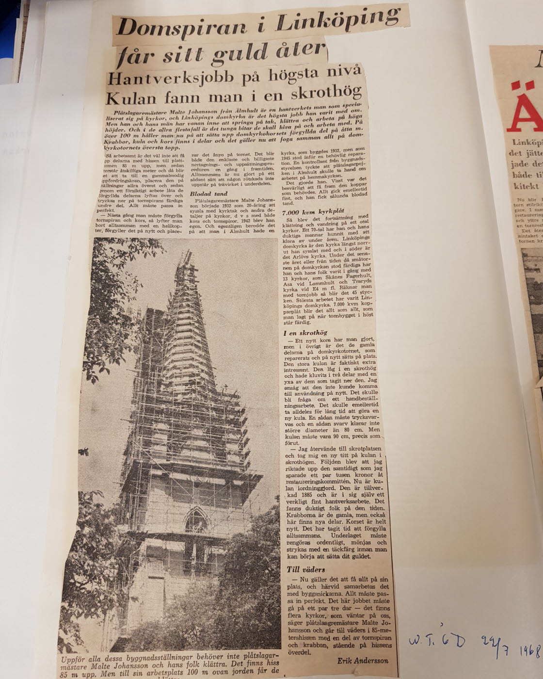 Artikel om restaureringsarbetet på Linköpings domkyrka i Norrköpings tidningar/Östergötlands dagblad i juli 1968. 