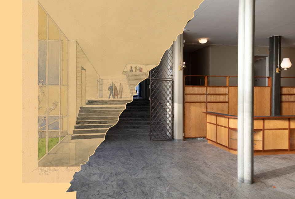 Museets entréhall, bilden består av två sammansatta, den ena en arkitektskiss från 1936 och den andra ett foto från 2022
