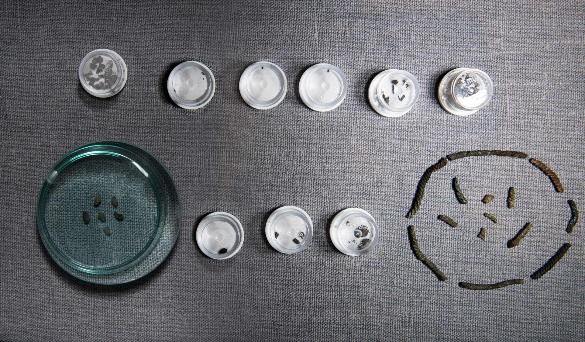 Många små fragment från arkeologisk utgrävning. Några ligger i små plastburkar och några på ett glasfat. Några formade i cirkel, de är rester från en armring. Övriga är bland annat förkolnade fröer. 