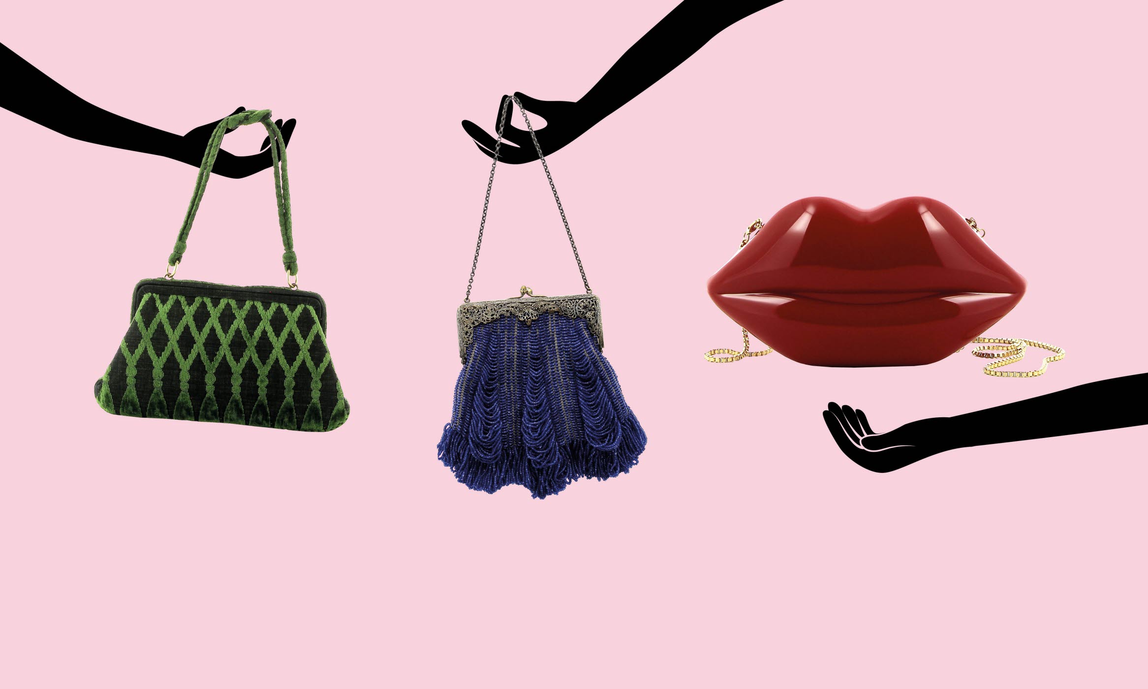Tre handväskor mot en rosa bakgrund. Konceptbild för utställningen Carry Me.