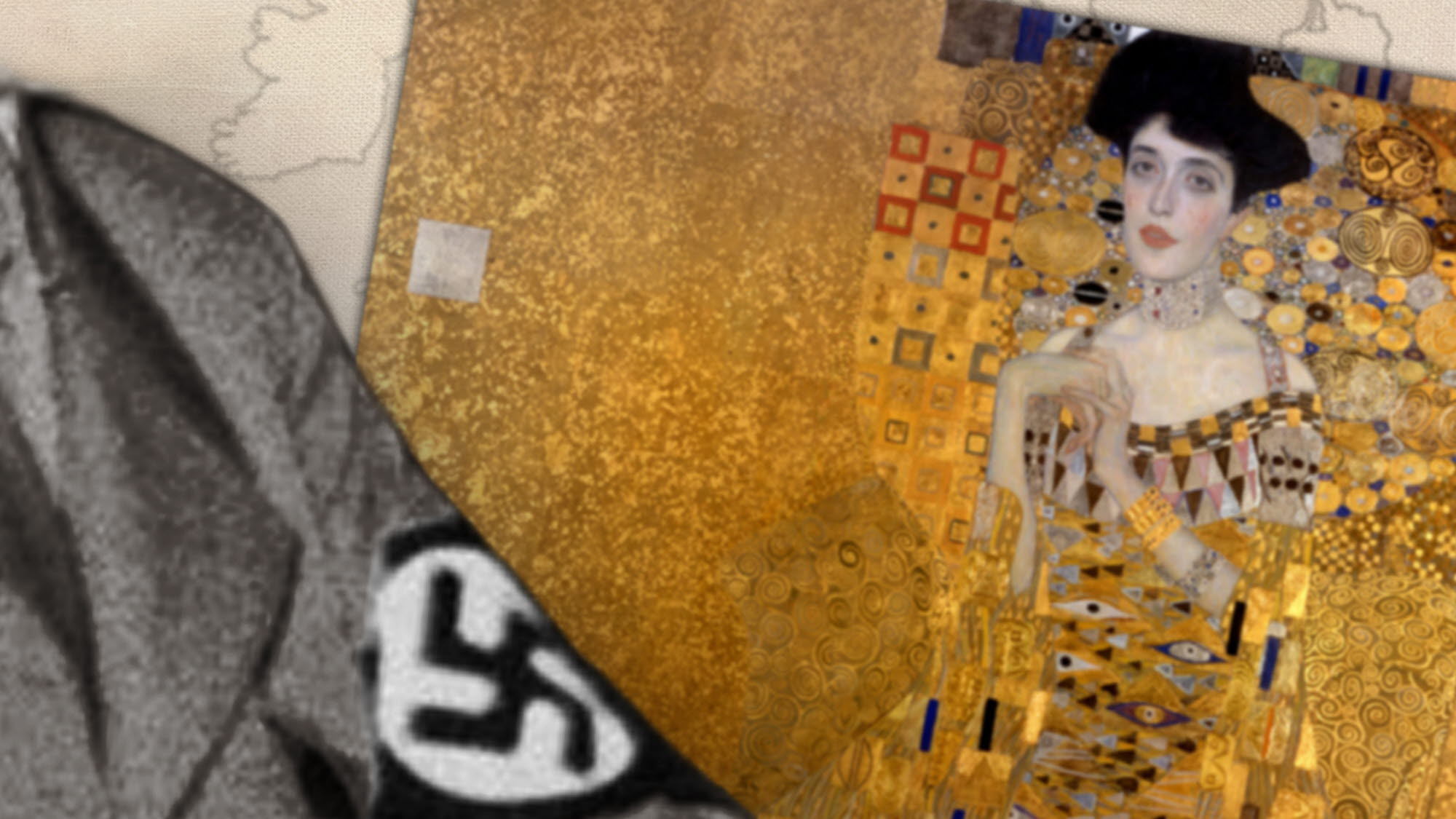 En arm med nazistsymbol, i bakgrunden en tavla av den kände konstnären Gustav Klimt