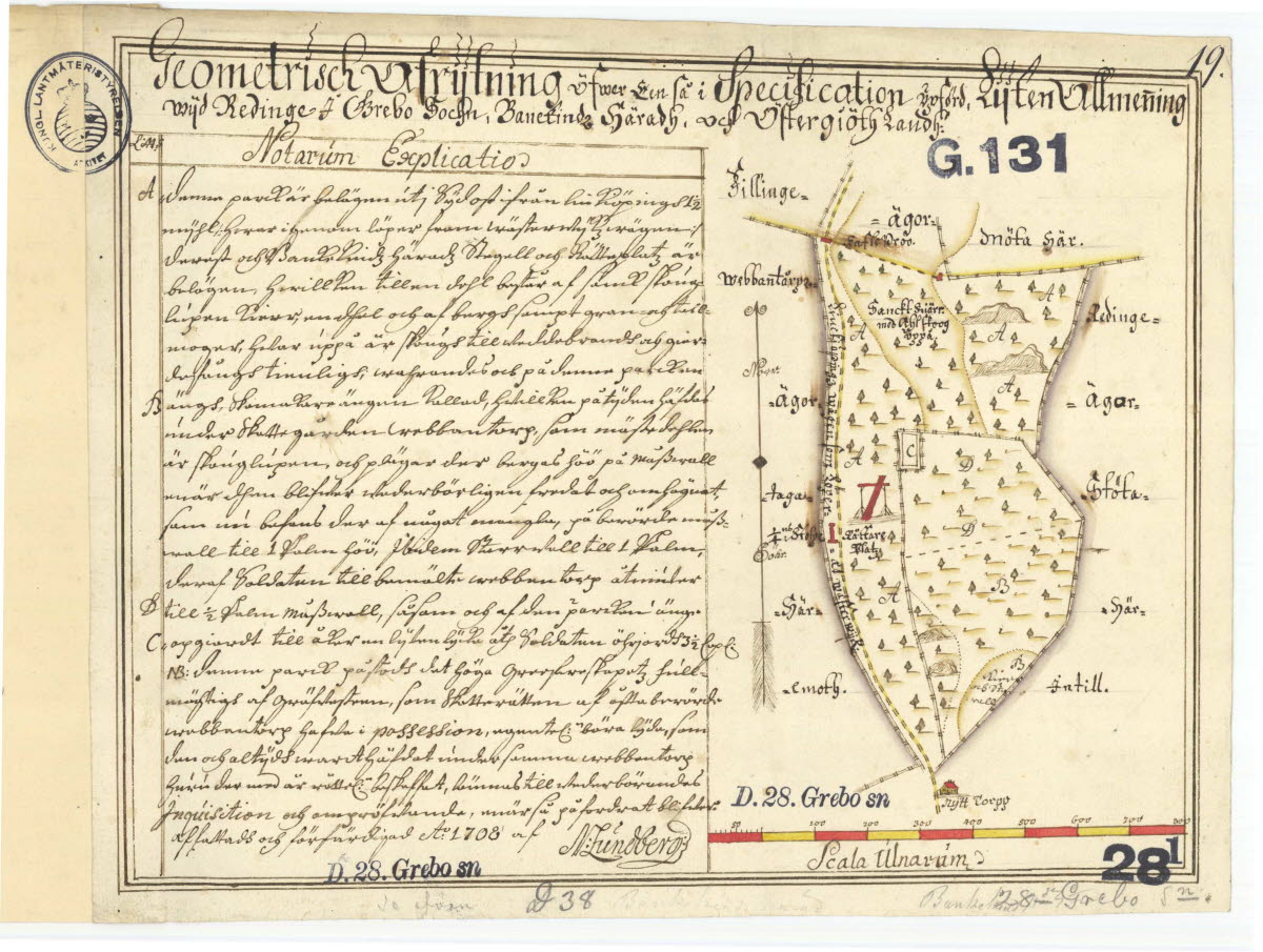 Den äldsta bevarade kartan från 1708 som visar Bankekind härads avrättningsplats i Grebo, Åtvidabergs kommun.