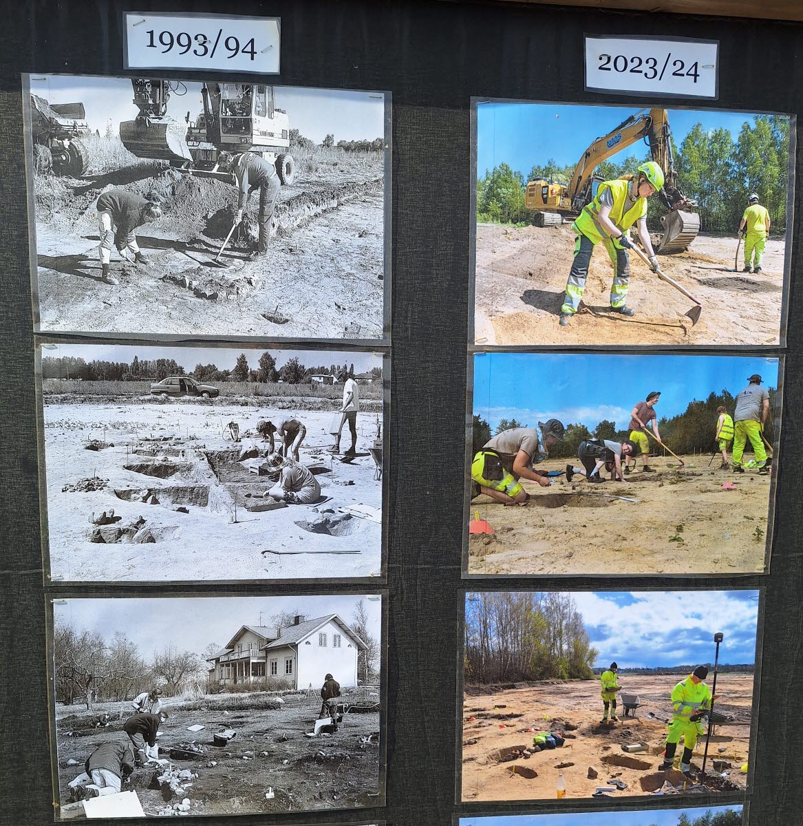 Bilder som visar utgrävning på 90-talet samt dagens arkeologiska undersökning.