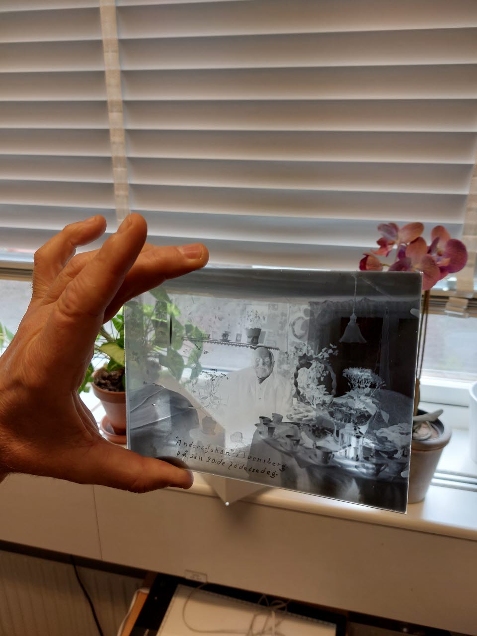 Leif Wallentinsson visar upp en glasplåt från en nyinkommen fotosamling.