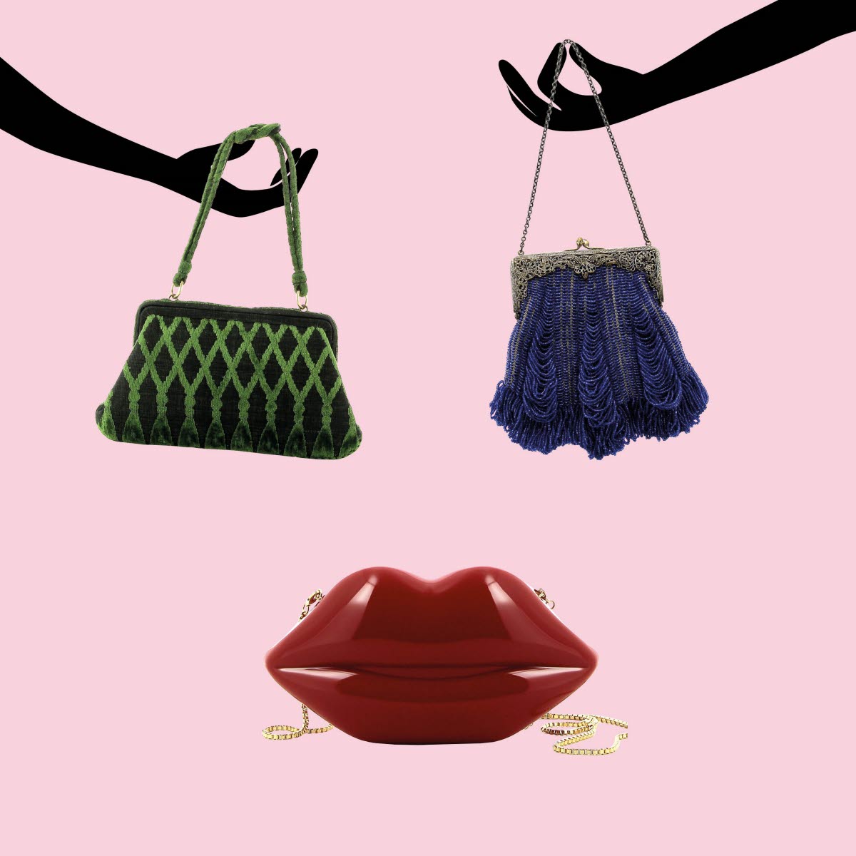 Tre handväskor mot en rosa bakgrund. Konceptbild för utställningen Carry Me.