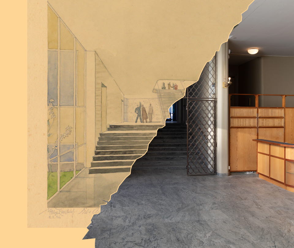 Foajén till Östergötlands museum – halva bilden föreställande så som den ursprungligen ritades av arkitekterna och halva så som den ser ut idag.