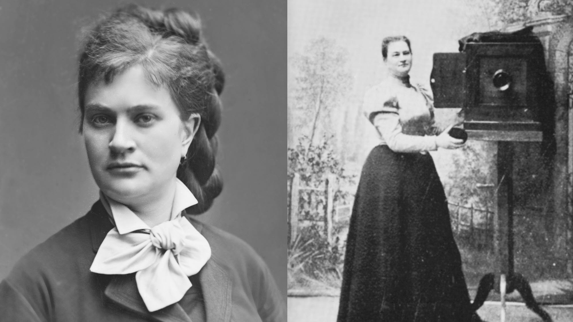 Ateljéfotograf Maria Tesch, själv porträtterad samt stående vid stativkameran.