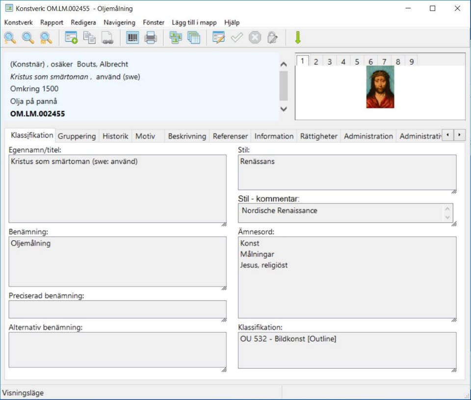 Skärmdump på en inventering i museets databas Primus.